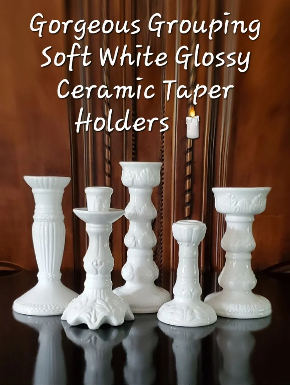 5 Pc Set White Various Design Ceramic Taper Candle Holders Varying Sizes